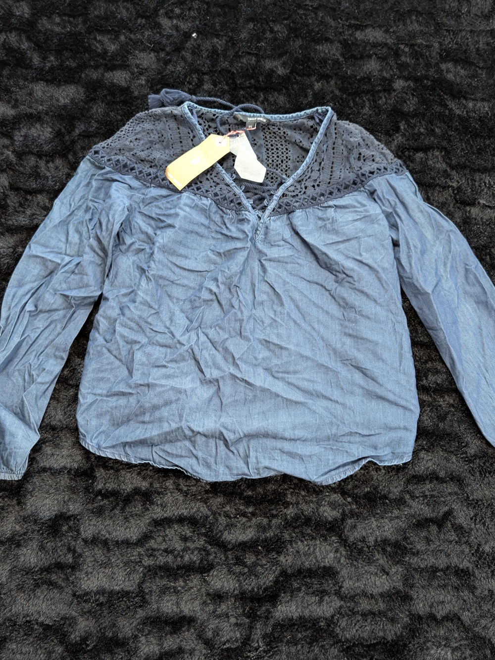 Tally Weijl Women XS Blue Cotton Crochet Lace Yoke Long Sleeve Blouse NWT